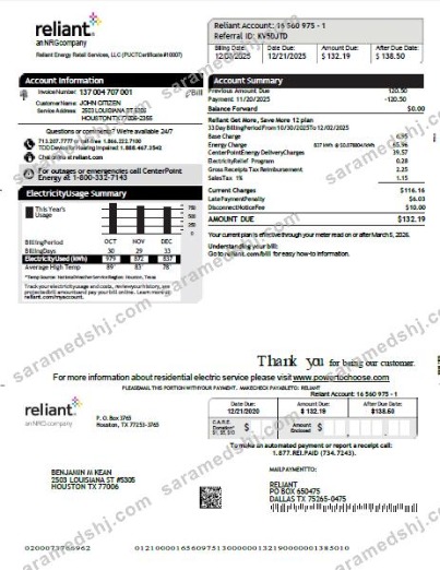USA Reliant Energy utility bill template in Word and PDF formats, version 2